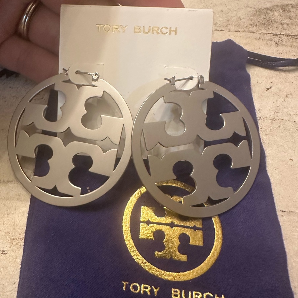 Tory Burch Silver Logo Cutout Earrings